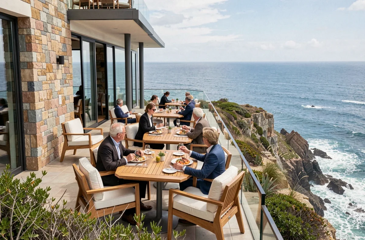 Terrasse panoramique de l'Anne de Bretagne à La Plaine-sur-Mer, vue spectaculaire sur l'océan Atlantique depuis une architecture contemporaine en pierre