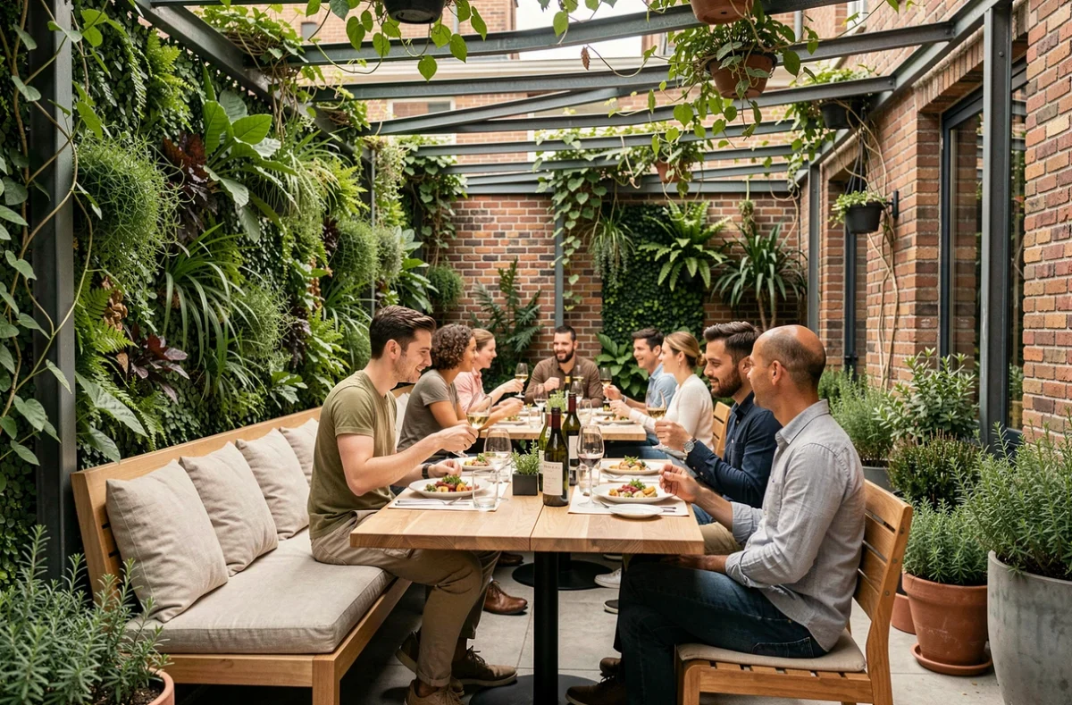 Terrasse végétale d'Arbor&Sens à Nantes, avec mur végétal, mobilier en bois minimaliste et ambiance jardin urbain contemporain
