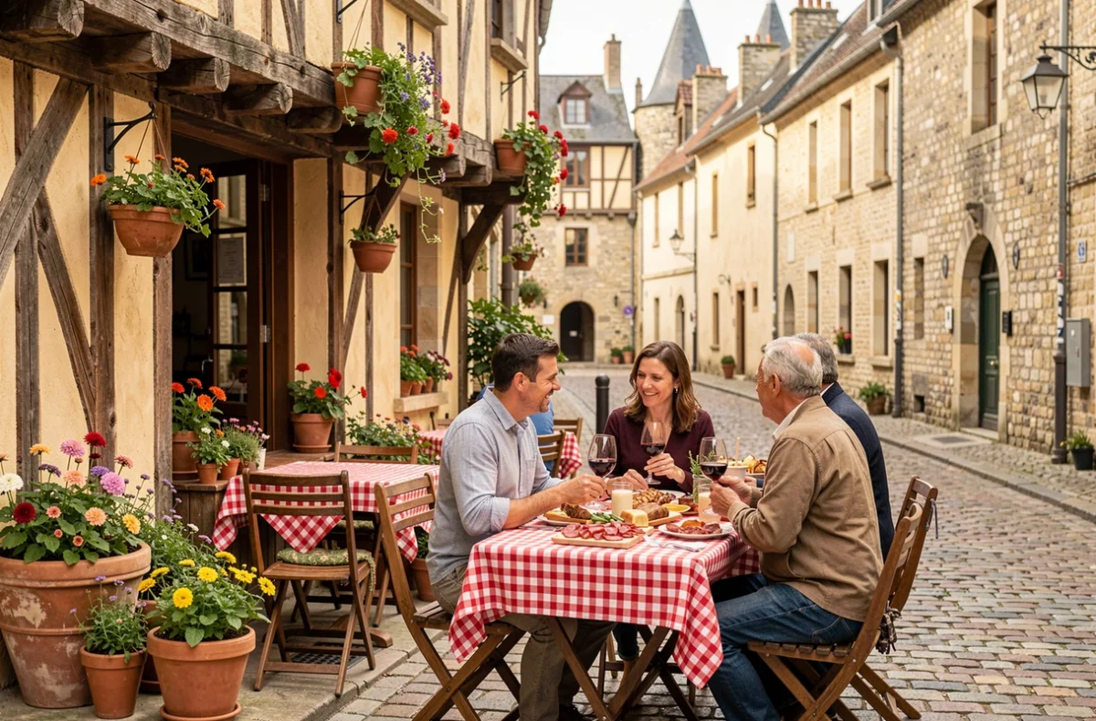 Terrasse du Bouchon Sarthois au Mans, restaurant traditionnel avec façade à colombages, tables à nappes à carreaux dans la vieille ville médiévale