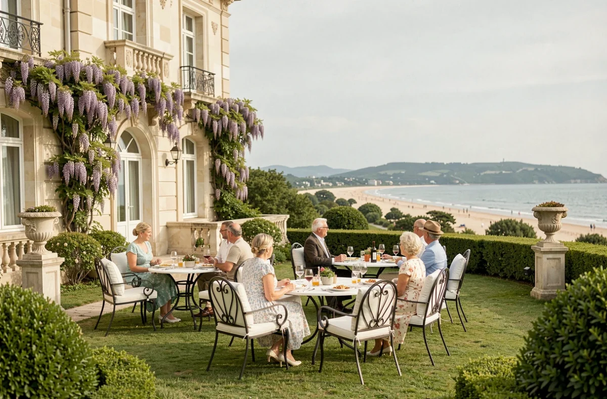 Terrasse du Castel Marie-Louise à La Baule, villa Art Nouveau avec jardin soigné, mobilier élégant et vue sur la baie de La Baule