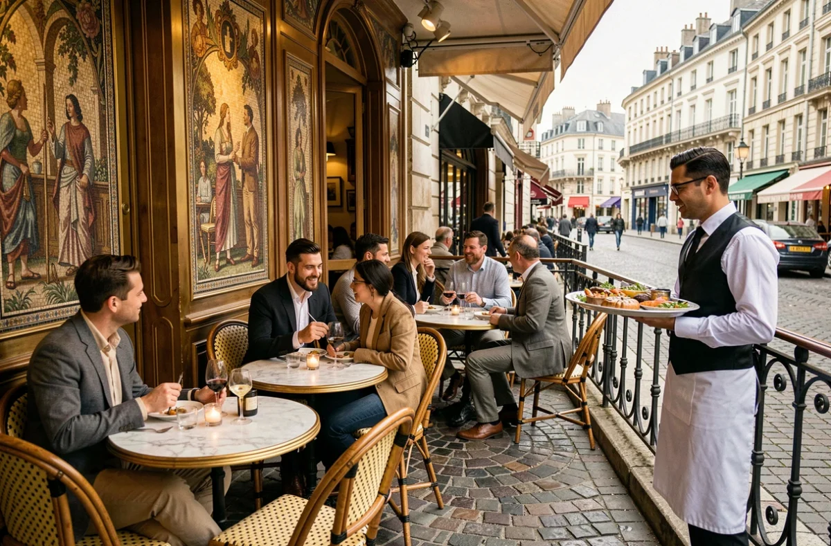Terrasse de La Cigale à Nantes, brasserie Belle Époque avec chaises en rotin et tables en marbre sur une place pavée animée