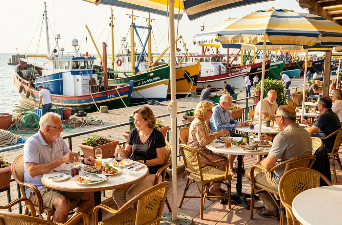 Terrasse de La Pilotine aux Sables-d'Olonne, face au port de pêche avec des chalutiers colorés et des diners savourant des plateaux de fruits de mer