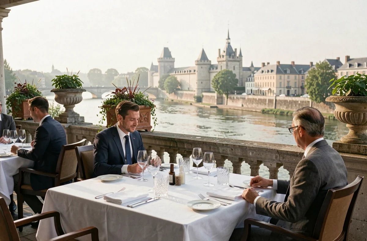Terrasse du Favre d'Anne à Angers, restaurant gastronomique avec vue sur la Maine, tables en lin blanc et verrerie en cristal