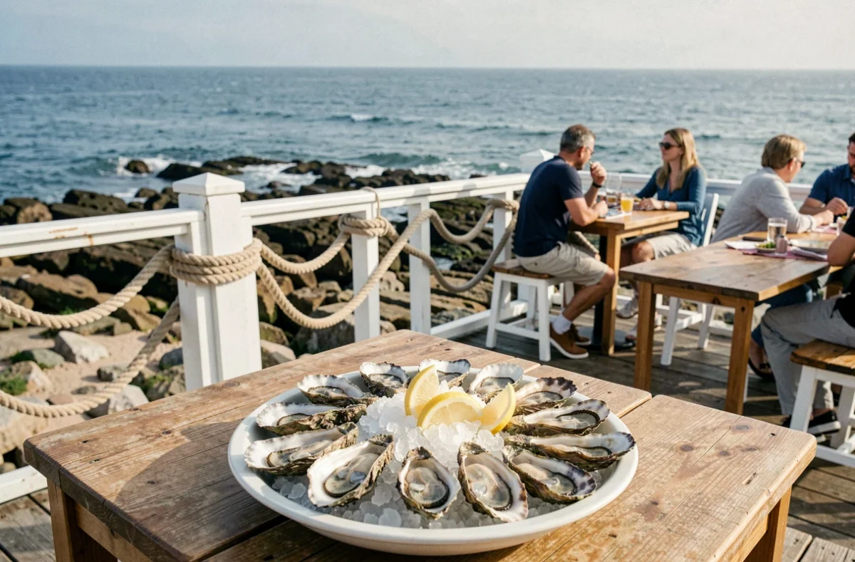 Terrasse de L'Huitrière à La Bernerie-en-Retz, restaurant ostréicole face à l'océan Atlantique avec plateau d'huîtres fraîches et décor nautique