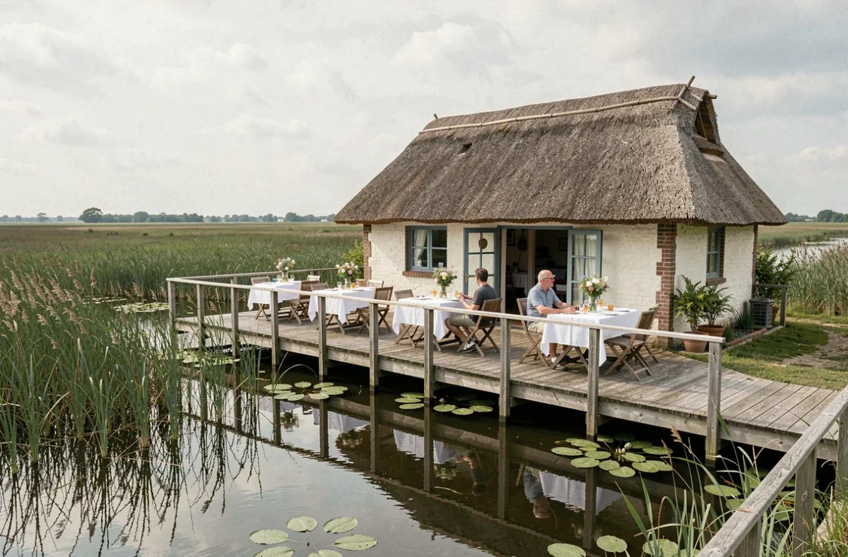 Terrasse de La Mare aux Oiseaux à Saint-Joachim, chaumière typique des marais de la Brière avec terrasse en bois sur un canal bordé de roseaux