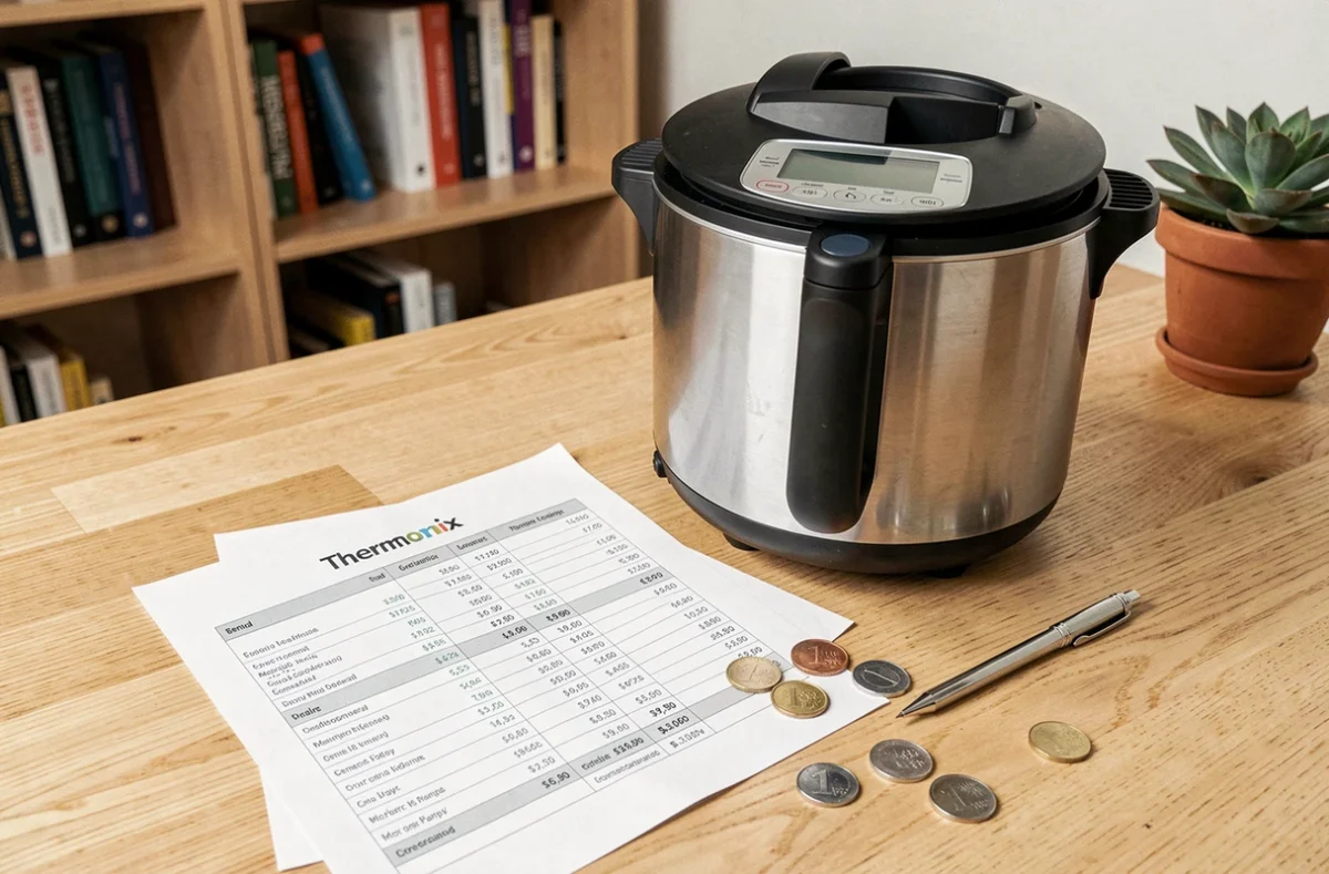 Vue rapprochée d'un Thermomix posé à côté d'un tableau de calcul de coût par repas et de pièces en euros