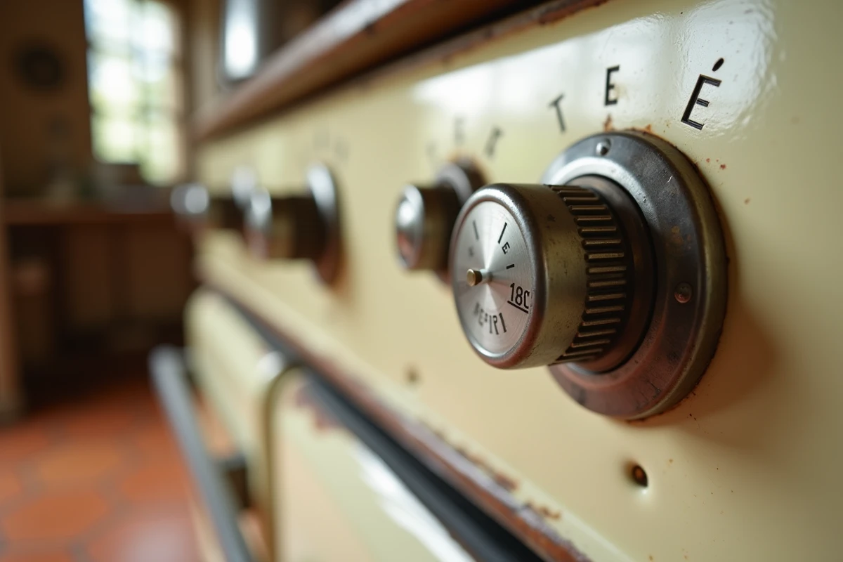 Gros plan sur un thermostat de four réglé sur 180 degrés Celsius en cuisine rustique