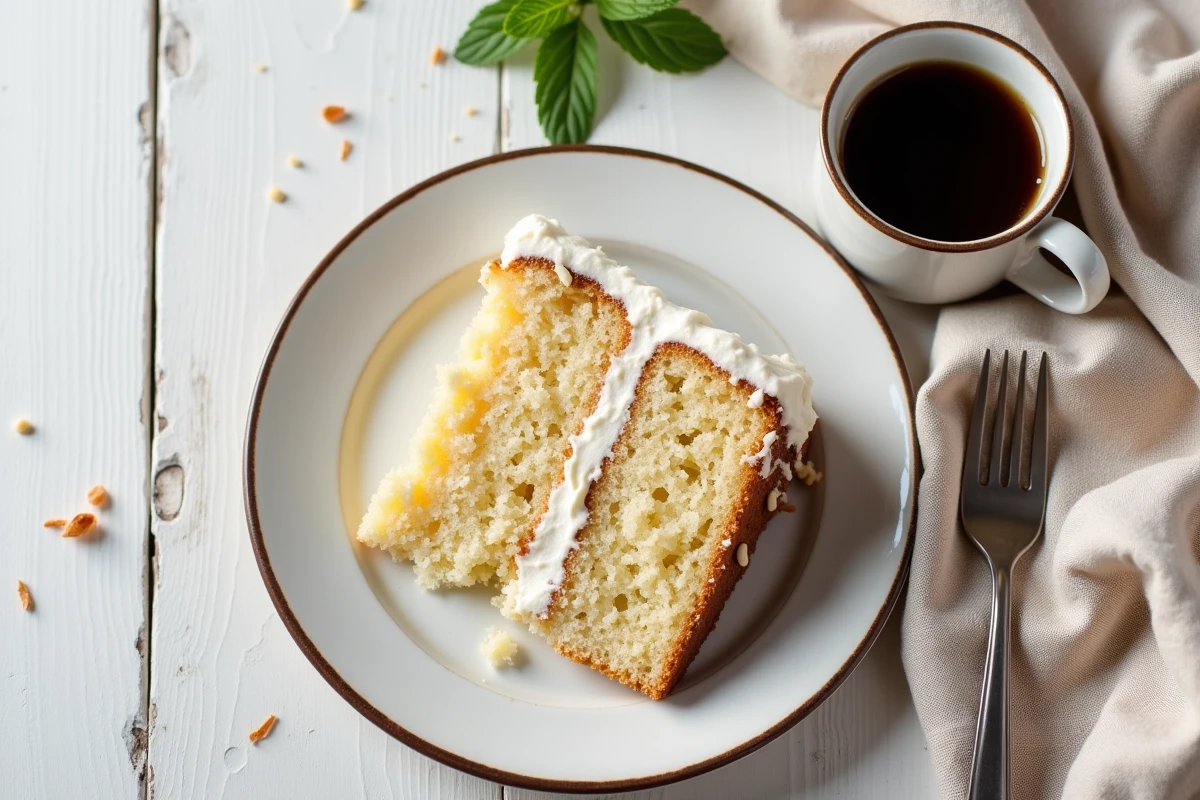 Tranche de gâteau à la noix de coco sans gluten sur une assiette en céramique avec une tasse de café, vue de dessus