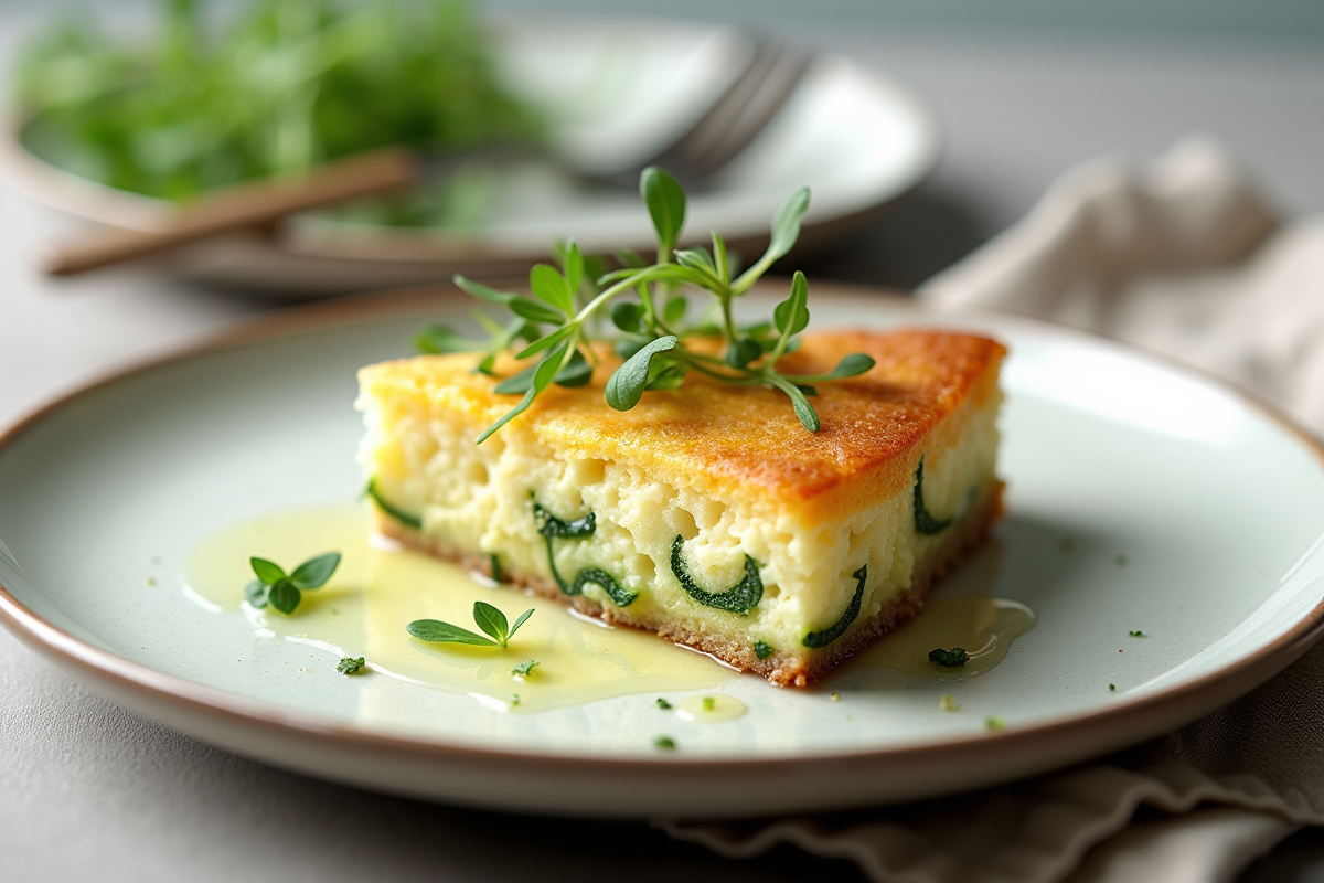 Tranche de cake courgette feta sur assiette moderne