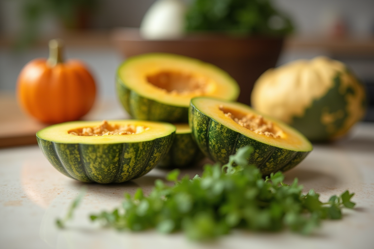 Tranches de courge verte coupées sur le plan de travail