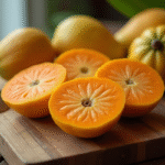 Tranches de sapote mûr sur une planche en bois rustique