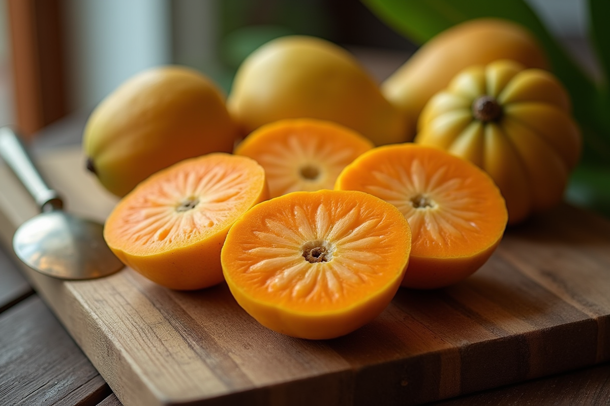 Tranches de sapote mûr sur une planche en bois rustique