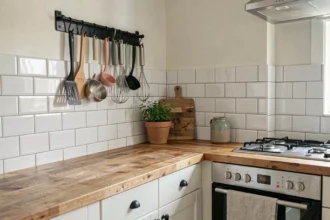 Ustensiles de cuisine accrochés sur un tableau perforé dans une petite cuisine d'appartement parisien bien organisée