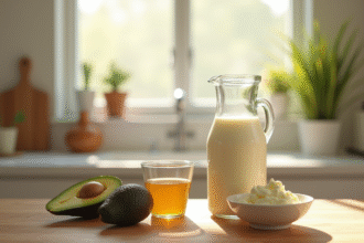 Verre de lait frais sur une table en bois ensoleillée