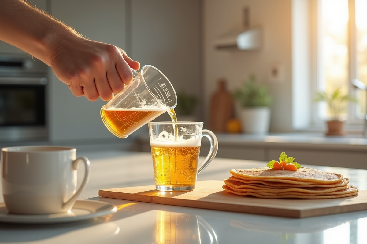Main versant bière dorée dans un verre avec crêpes fraîches
