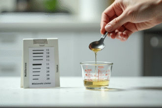 Main versant 20 ml de liquide dans un verre en cuisine
