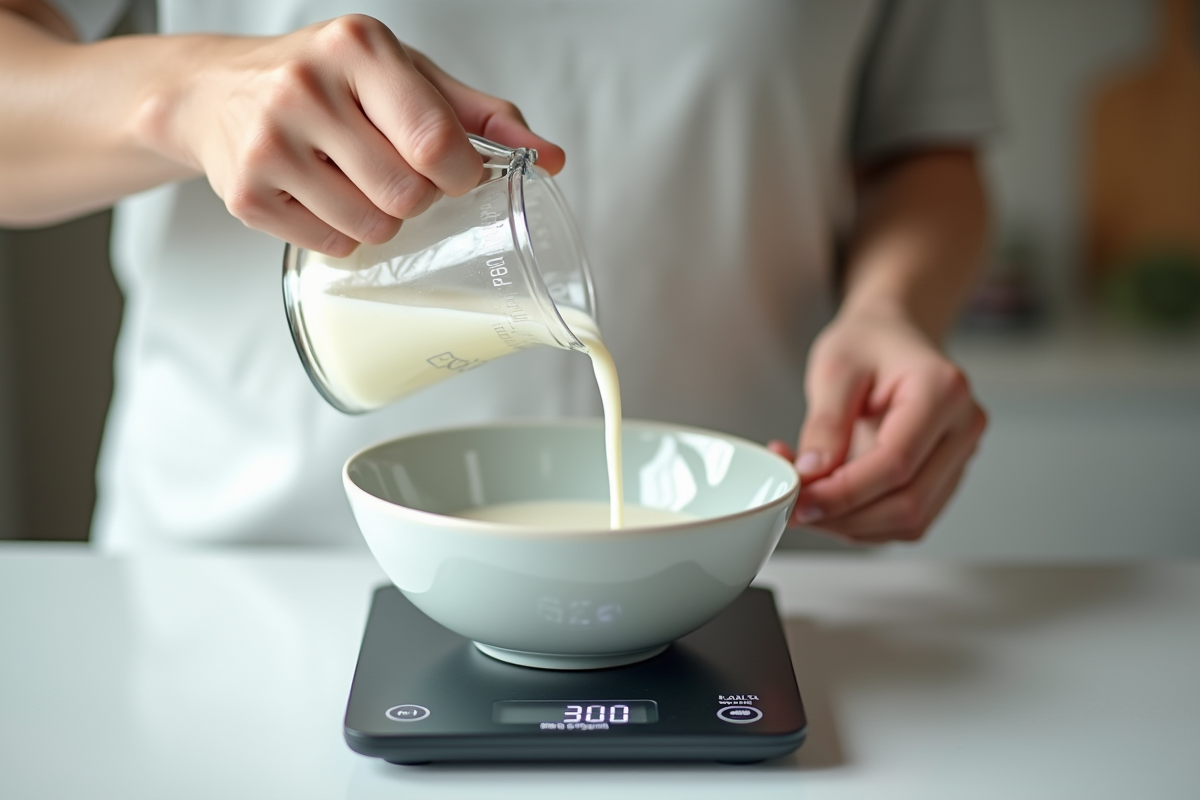 Main versant du lait dans un bol sur balance digitale