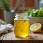 Petit pot en verre rempli de vinaigrette maison dorée avec moutarde et herbes, posé sur un comptoir en bois rustique avec citron et salade fraîche en arrière-plan flou