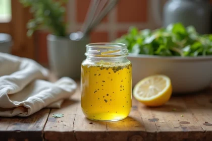 Petit pot en verre rempli de vinaigrette maison dorée avec moutarde et herbes, posé sur un comptoir en bois rustique avec citron et salade fraîche en arrière-plan flou