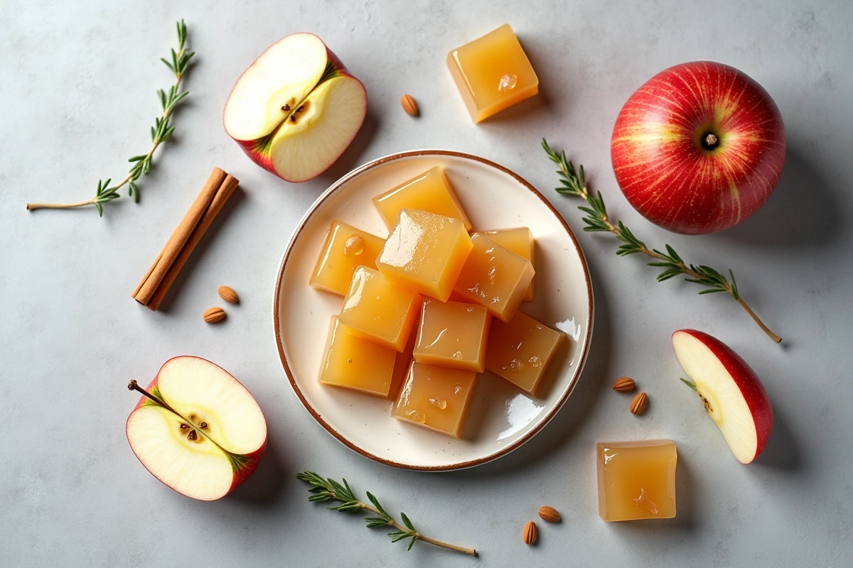 Vue aérienne de pâtes de fruit pomme allégées en sucre sur surface en pierre avec cannelle et pommes fraîches