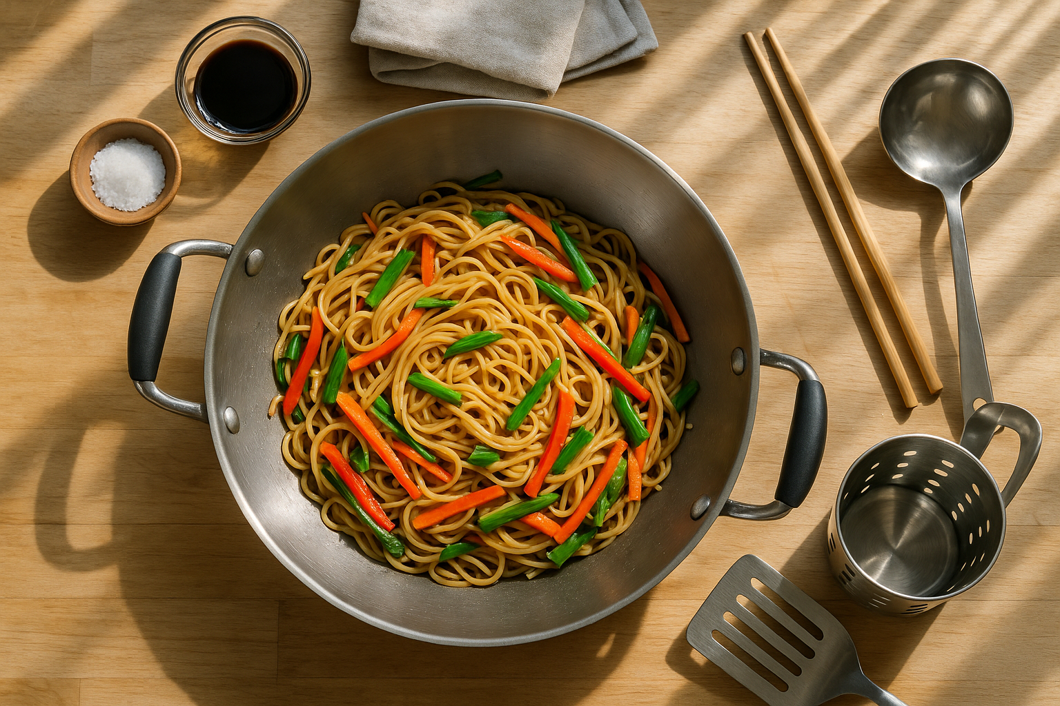 Wok rempli de nouilles et légumes frais sur plan de travail